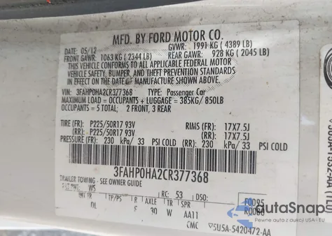 2012 Ford Fusion Se z USA, uszkodzony, nr VIN 3FAHP0HA2CR377368